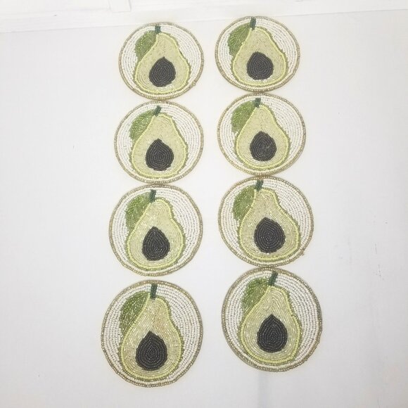 Coaster Set of 8 India Round 4.5" Seed Bead Beaded Pear Avocado Fruit Stackable - Picture 4 of 9